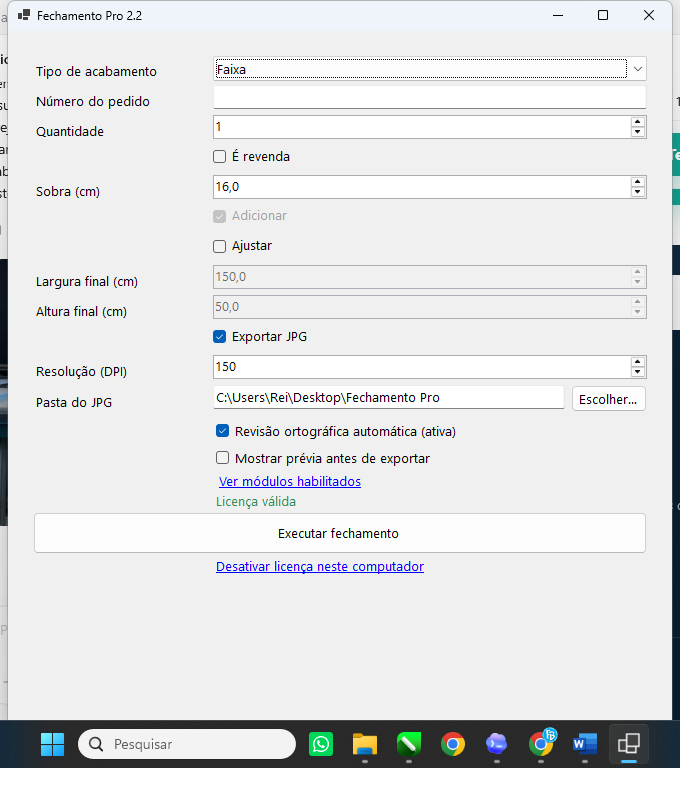 Tela real do Fechamento Pro APP dentro do CorelDRAW
